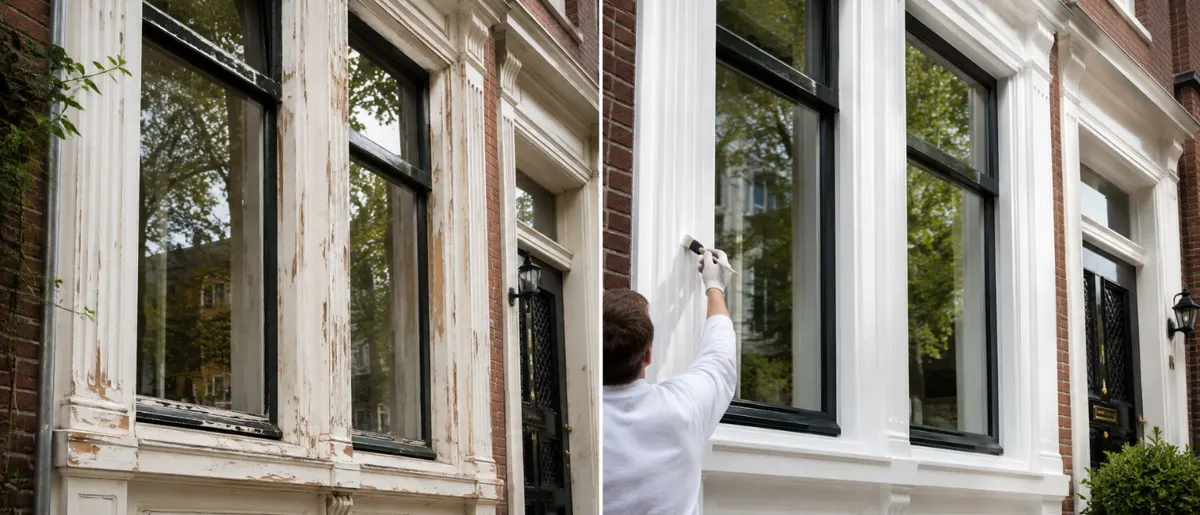 Voor en na van een schilderklus: links een raamkozijn met afgebladderde verf, rechts hetzelfde soort pand met strak wit geschilderde kozijnen terwijl een schilder de laatste hand legt